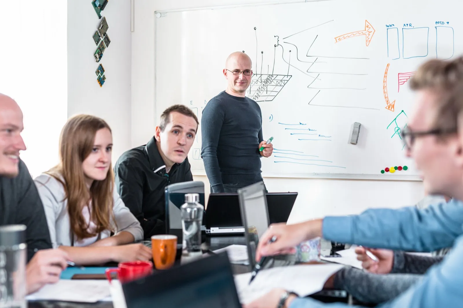 KI-Workshop: Berater erklärt dem Team Zusammenhänge am Whiteboard