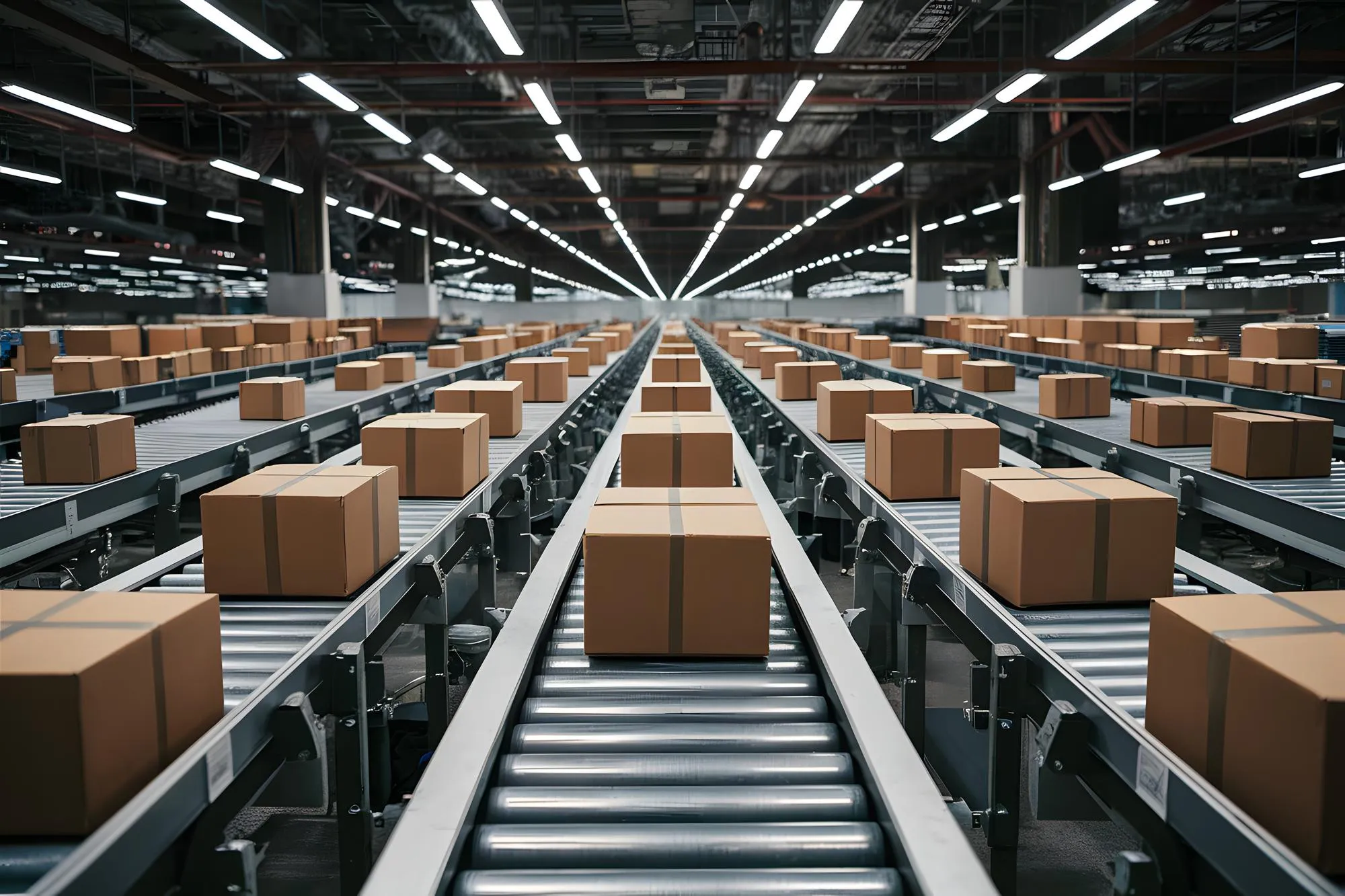 Automatisiertes Lager: Pakete laufen über Förderbänder im Fulfillment-Center