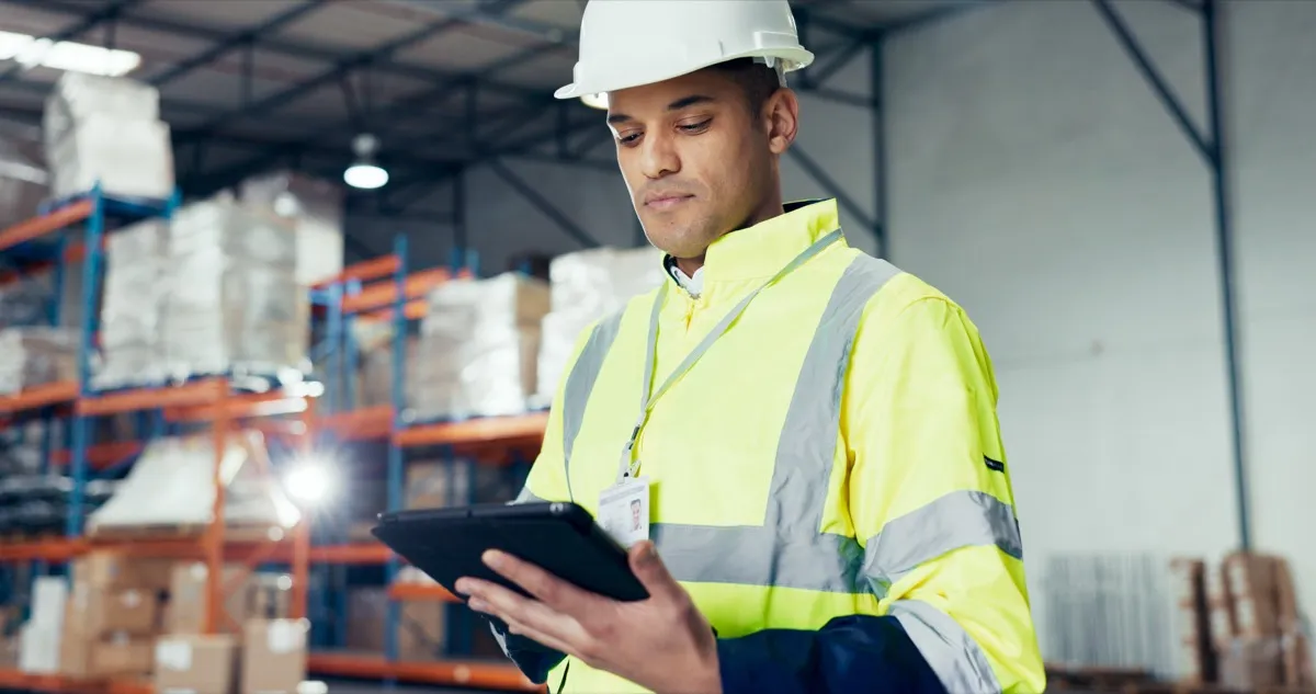B2B-Handel im Mittelstand: Mitarbeiter prüft Bestände per Tablet im Lager