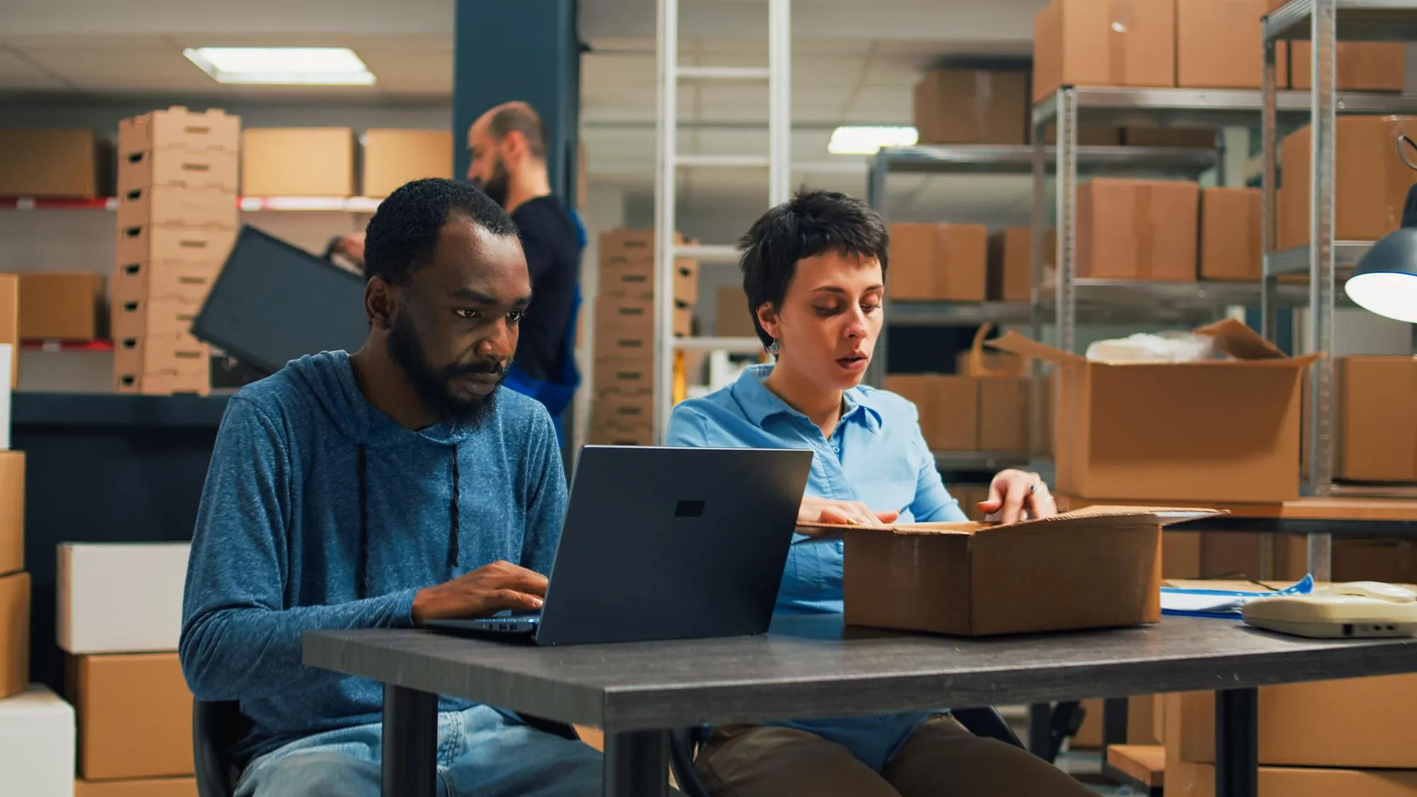Zwei Mitarbeitende kommissionieren im Fulfillment-Lager eine Bestellung am Laptop