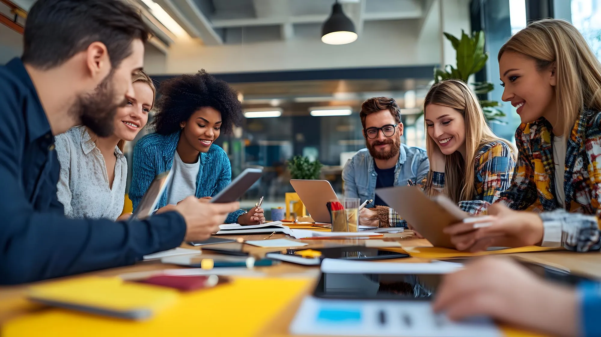 Team arbeitet gemeinsam am Cloud-ERP im modernen Büro