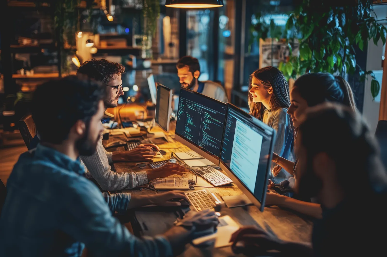 Entwicklerteam arbeitet gemeinsam am Code eines Onlineshops