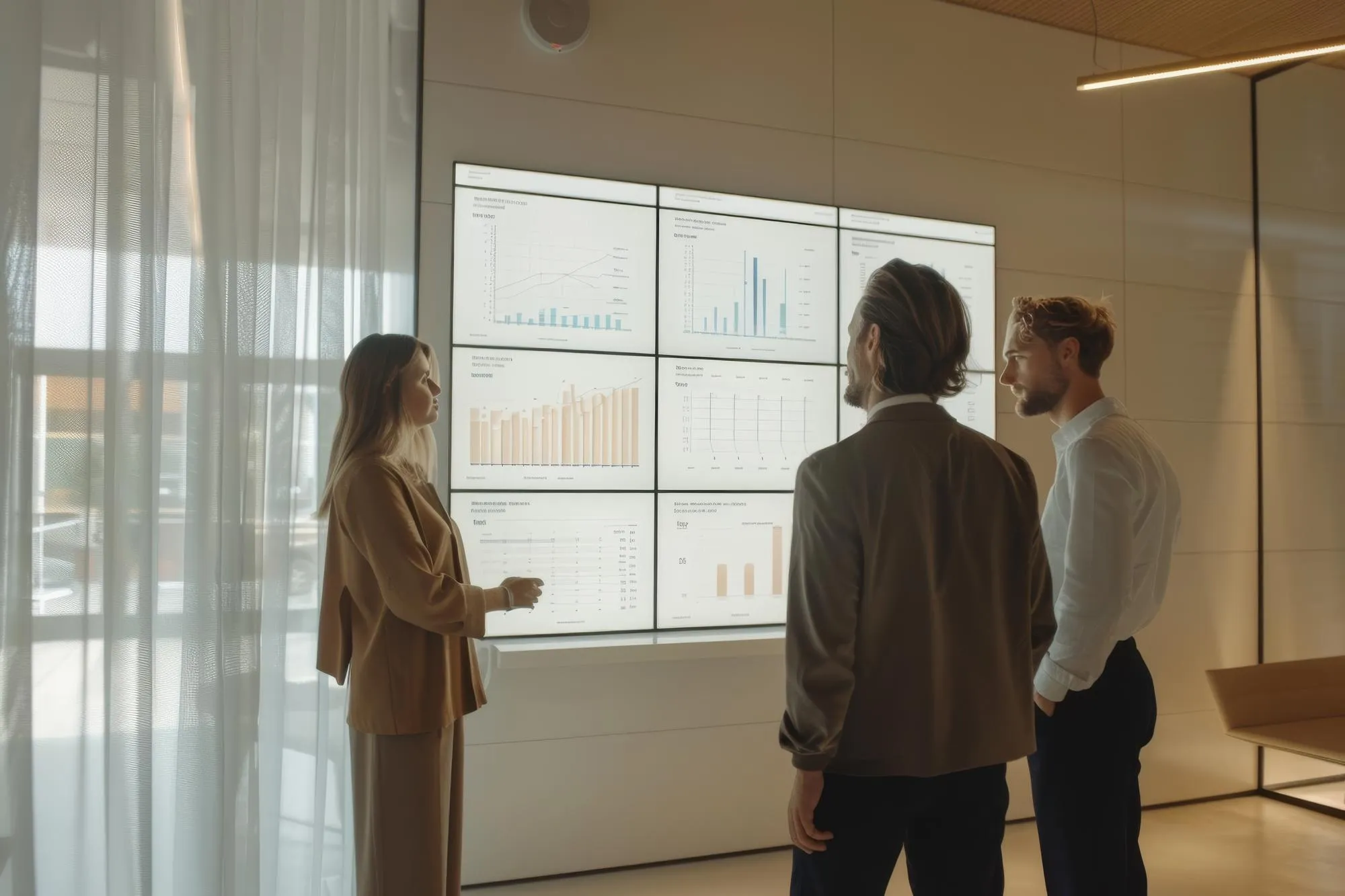 Vertriebsteam bespricht Auswertungen und Diagramme an einer großen Bildschirmwand