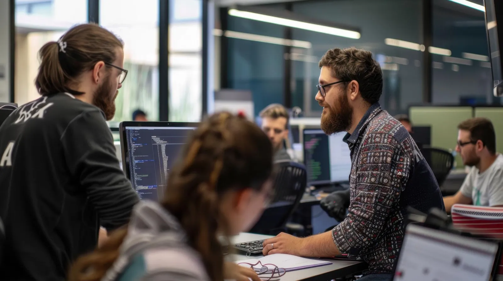 Softwareentwickler-Team bespricht Code an den Bildschirmen im Büro