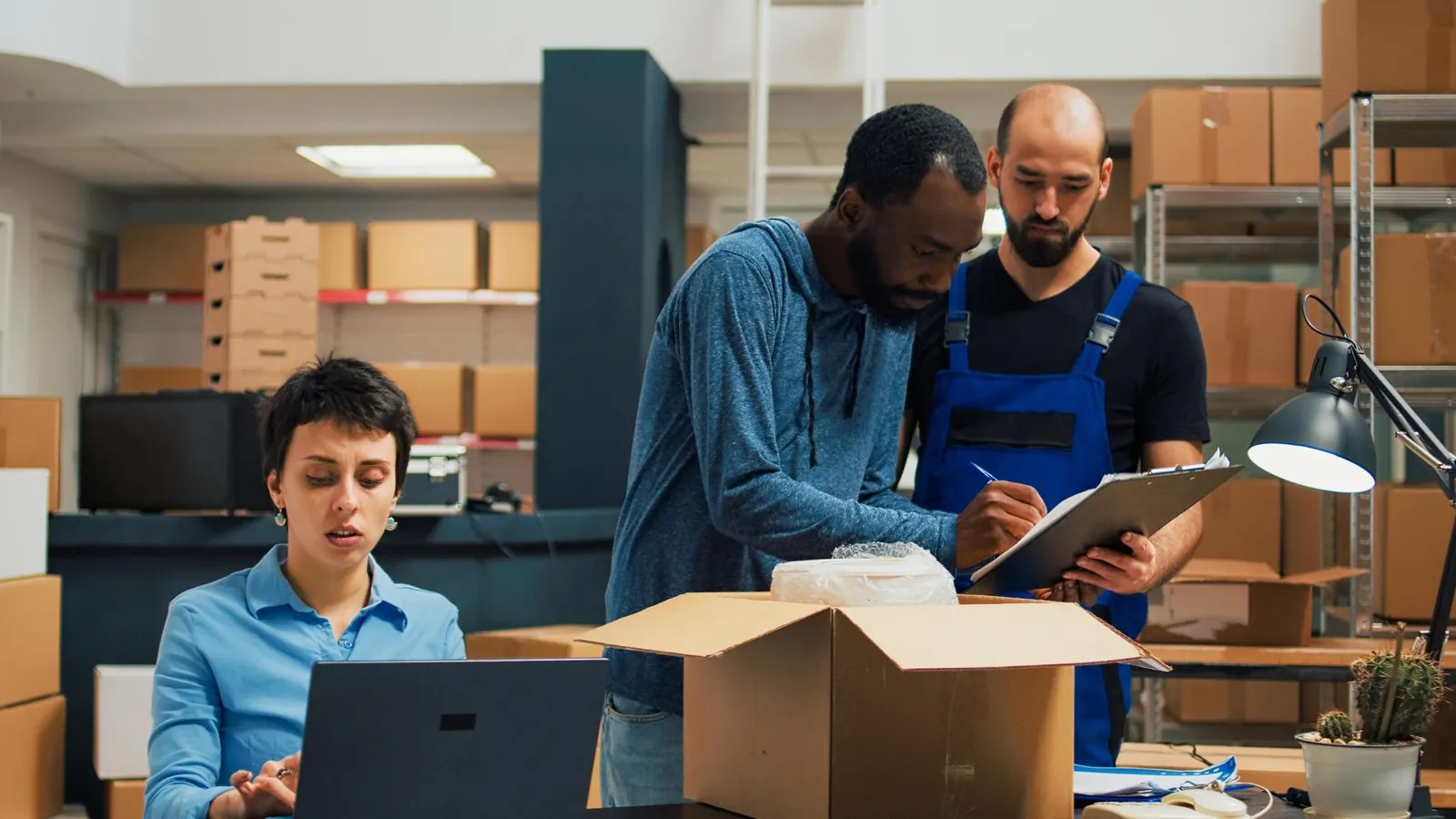E-Commerce-Team wickelt Bestellungen und Versand im Lager ab